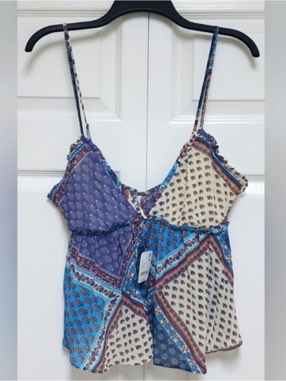Free People Blue Teal Patchwork Spaghetti Strap Tank NWT